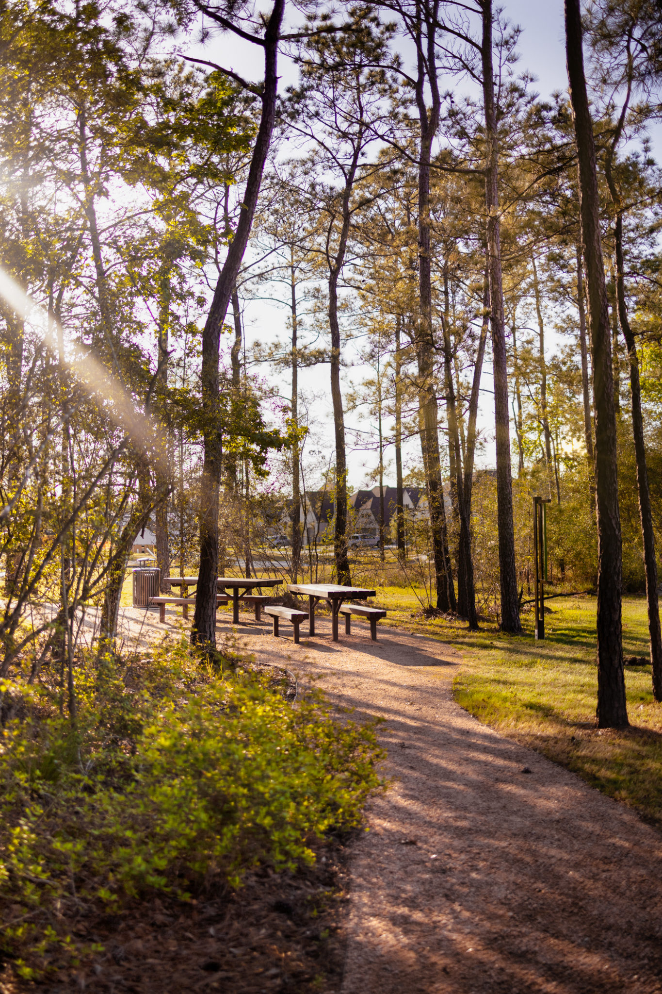 Picnic tables in Circuit Park allow residents to rest and relax during or after their workouts.